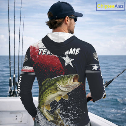 Custom Vintage Bass Long Sleeve Hooded Patriotic Fishing Shirt For Men, Bass Texas Flag Fishing Shirt NHT764