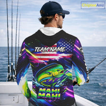Load image into Gallery viewer, Personalized Mahi Mahi Fishing Jerseys, Custom American Flag Hooded Fishing Shirts Long Sleeve For Men NHT640
