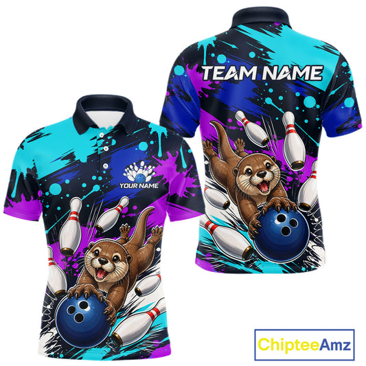 Colorful bowling-themed shirt with otter graphics and customizable text on a white background