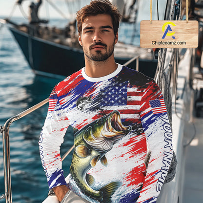 Patriotic Bass Fishing Tournament Shirts, Personalized American Flag Bass Fishing Jerseys NHT497