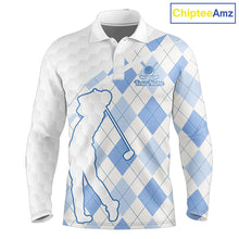 Load image into Gallery viewer, Personalized Blue White Argyle Plaid Pattern Mens Golf Polo Shirts, Blue Golf Tops For Mens NHT674
