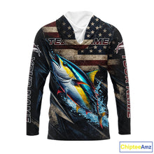 Load image into Gallery viewer, Patriotic Tuna Fishing Jerseys, Personalized American Flag Tuna Hooded Fishing Shirts Long Sleeve NHT581