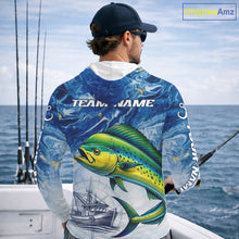 Load image into Gallery viewer, Personalized Mahi Mahi Fishing Shirt With Ocean Wave Graphic, Hooded Long Sleeve Fishing Apparel NHT612