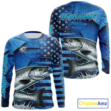 Load image into Gallery viewer, Chinook Salmon Fishing Shirts Long Sleeve With American Flag, Personalized Salmon Fishing Gift For Father Days NHT682