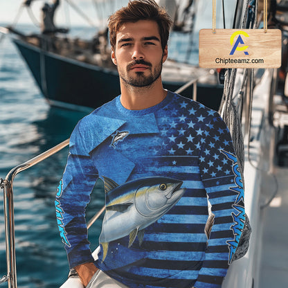 Tuna Fishing Shirts Long Sleeve With American Flag, Personalized Tuna Fishing Gift For Father Days NHT684
