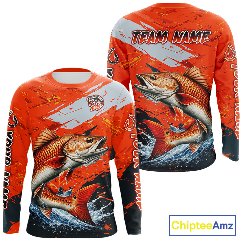 Custom Redfish Fishing Tournament Jerseys, Red Drum Orange Fishing Shirts Long Sleeve  NHT572