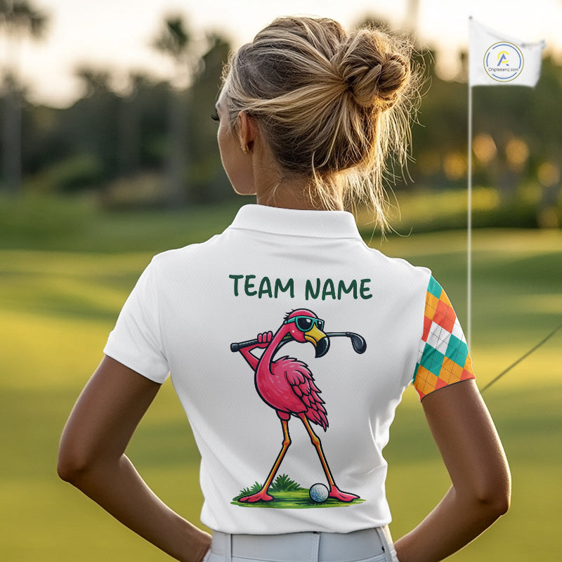 Funny Flamingo Womens Golf Polo Shirts Colorful Argyle Pattern Custom Name, Golf Gifts NBT562