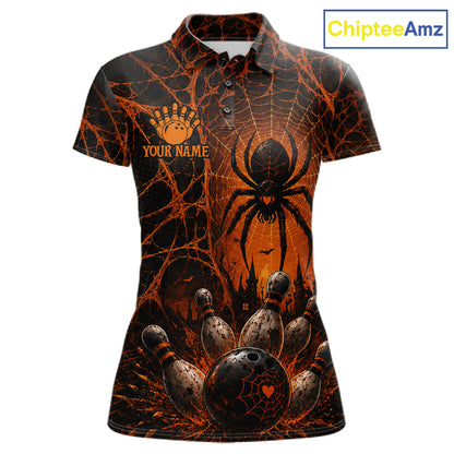 Orange And Black Spider Custom Halloween Bowling Team Shirts For Women, Bowling Gifts NBT961
