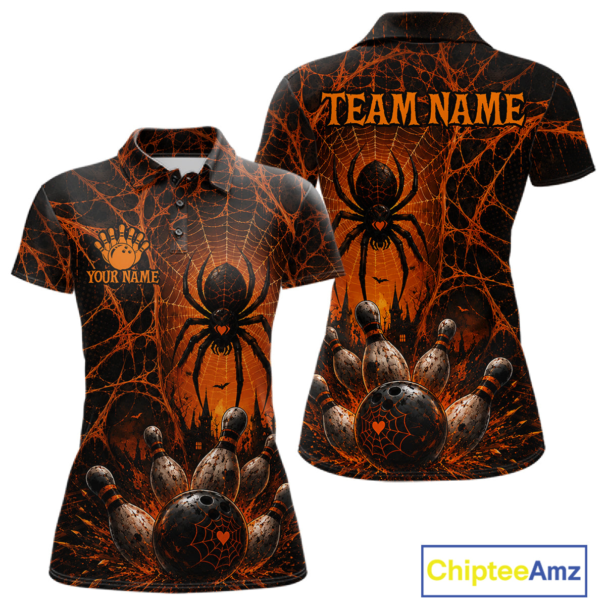 Orange And Black Spider Custom Halloween Bowling Team Shirts For Women, Bowling Gifts NBT961