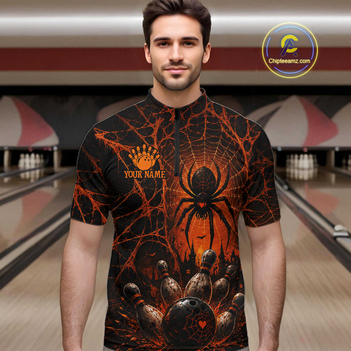Orange And Black Spider Custom Halloween Bowling Team Shirts For Men, Bowling Gifts NBT961