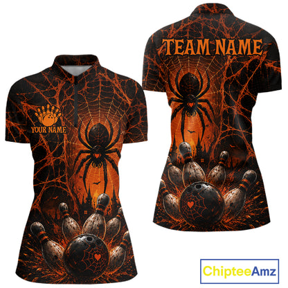 Orange And Black Spider Custom Halloween Bowling Team Shirts For Women, Bowling Gifts NBT961