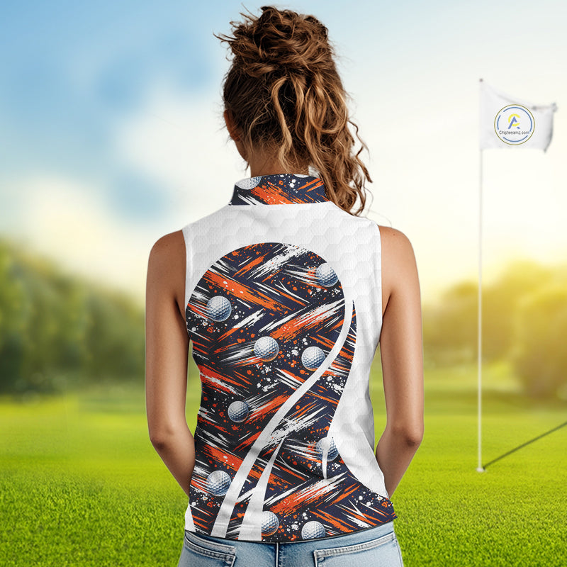 Womens Sleeveless Golf Polo Shirts Custom Black And Orange Golf Ball Pattern Golf Attire For Ladies, Golfer Gifts NBT573