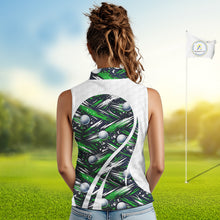 Load image into Gallery viewer, Womens Sleeveless Golf Polo Shirts Custom Black And Green Golf Ball Pattern Golf Attire For Ladies, Golfer Gifts NBT574