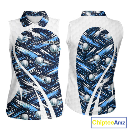 Womens Sleeveless Golf Polo Shirts Custom Black And Blue Golf Ball Pattern Golf Attire For Ladies, Golfer Gifts NBT575