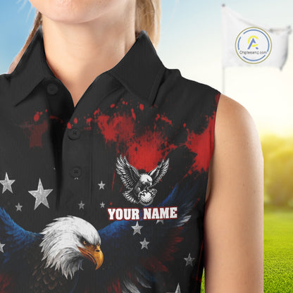 Red, White And Blue American Flag Eagle Womens Sleeveless Golf Polo Shirts Custom Patriotic Tournament Golf Team Shirts NBT809