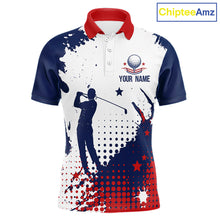 Load image into Gallery viewer, Front view of Mens golf polo shirt American flag patriotic custom name white with custom name.