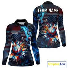 Load image into Gallery viewer, Front and back view of American Flag womens long sleeve golf polo shirt custom name black