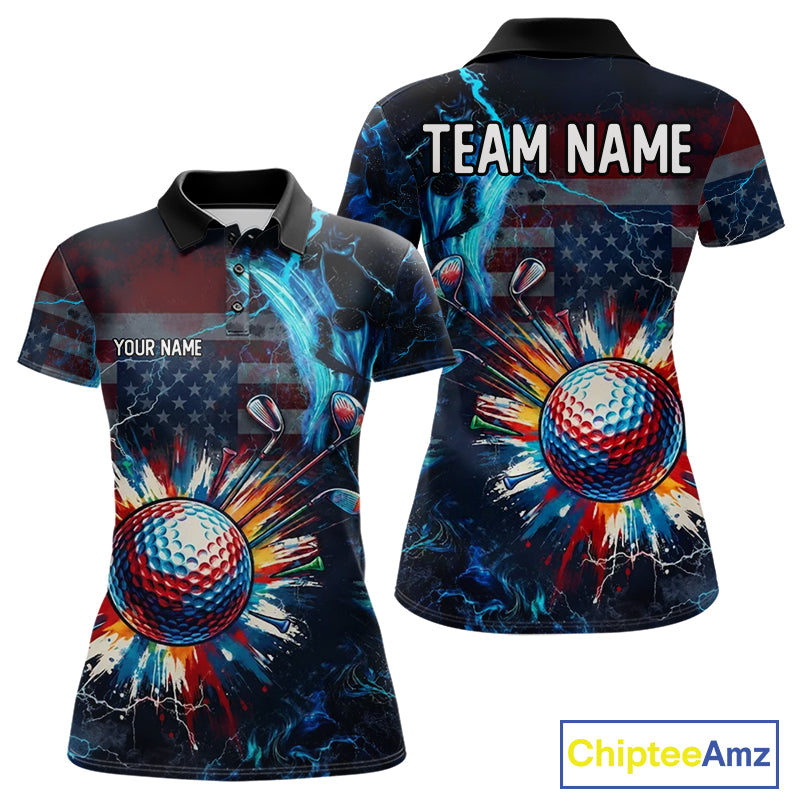 Front and back view of American Flag womens golf polo shirt custom name black with personalized name