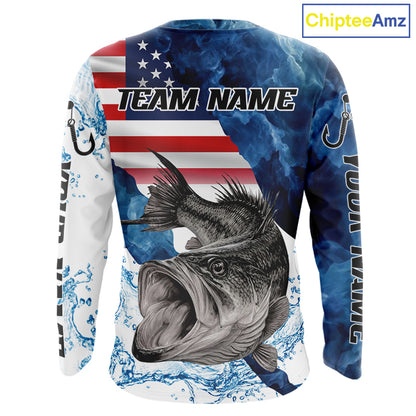 Blue Camo Bass Fishing American Flag Fishing Shirt, Bass Fishing Shirts Long Sleeve NBT458