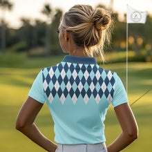 Load image into Gallery viewer, Blue Argyle Plaid Pattern Womens Golf Polo Shirt Custom Golf Polo Shirt For Ladies, Golfing Gifts NBT593