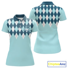 Load image into Gallery viewer, Blue Argyle Plaid Pattern Womens Golf Polo Shirt Custom Golf Polo Shirt For Ladies, Golfing Gifts NBT593