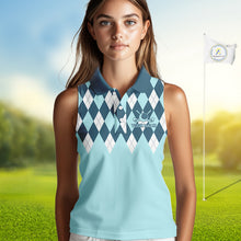 Load image into Gallery viewer, Blue Argyle Plaid Pattern Womens Sleeveless Golf Polo Shirt Custom Golf Polo Shirt For Ladies, Golfing Gifts NBT593
