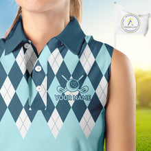 Load image into Gallery viewer, Blue Argyle Plaid Pattern Womens Sleeveless Golf Polo Shirt Custom Golf Polo Shirt For Ladies, Golfing Gifts NBT593