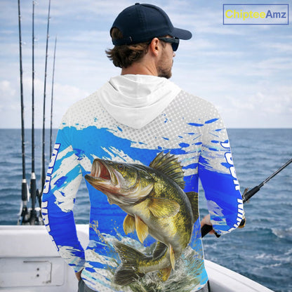 Blue Camo Walleye Fishing Shirt Long Sleeve Hooded, Walleye Fishing Jerseys NBT407