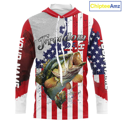 Freedom 250 Bass Long Sleeve Hooded Fishing Shirts American Flag Fishing, Custom Bass Shirts With US Flag NBT374