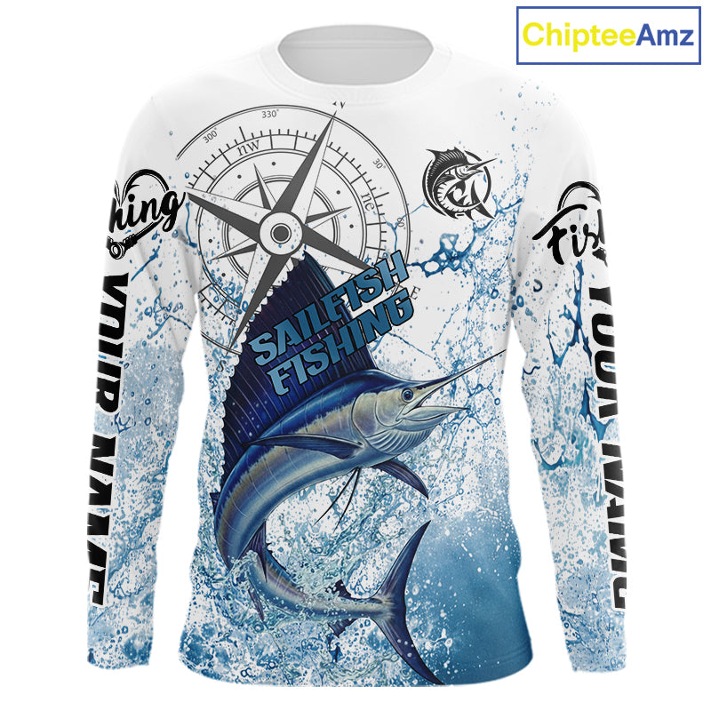 Custom Sailfish Long Sleeve Fishing Shirts Saltwater Fish, Compass Offshore Tournament Fishing Shirts NBT375