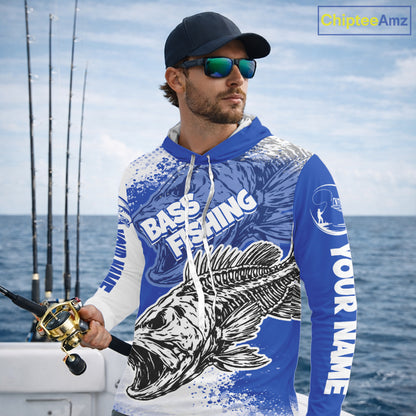 Blue Camo Bass Fishing Jerseys For Fishing Team, Bass Skeleton Fishing Shirts Long Sleeve Hooded NBT418