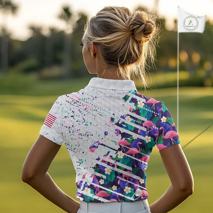 Flamingo Womens Golf Polo Shirts, Colorful Tropical Flamingo Pattern, Tropical Golf Shirt NBT477