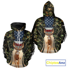 Load image into Gallery viewer, Patriotic Green Camo Deer Hunting Shirt – American Flag Whitetail Buck, Custom Name for Men NBT34