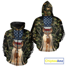 Load image into Gallery viewer, Patriotic Green Camo Deer Hunting Shirt – American Flag Whitetail Buck, Custom Name for Men NBT34