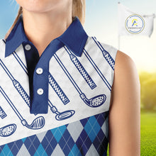 Load image into Gallery viewer, Blue Argyle Sleeveless Golf Polo Shirt For Women Plaid Pattern Custom Name, Golfer Gifts NBT488
