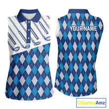 Load image into Gallery viewer, Blue Argyle Sleeveless Golf Polo Shirt For Women Plaid Pattern Custom Name, Golfer Gifts NBT488