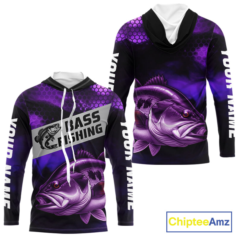 Purple Largemouth Bass Long Sleeve Hooded Fishing Shirts, Custom Big Bass Fishing Jerseys NBT379