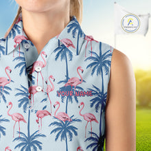 Load image into Gallery viewer, Flamingo Tropical Palm Tree Womens Sleeveless Golf Polo Shirt, Custom Matching Girl Polo Team, Golf Gifts For Ladies NBT494