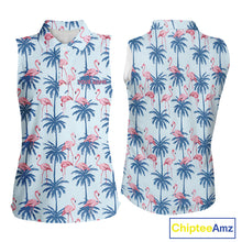 Load image into Gallery viewer, Flamingo Tropical Palm Tree Womens Sleeveless Golf Polo Shirt, Custom Matching Girl Polo Team, Golf Gifts For Ladies NBT494