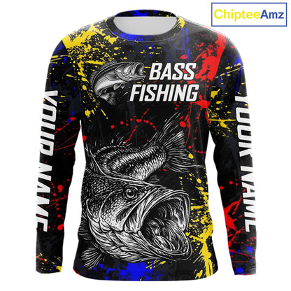 Colorful Paint Tattoo Bass Fishing Shirts Long Sleeve With Hood, Bass Fishing Jerseys NBT431