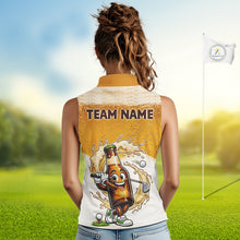 Load image into Gallery viewer, woman golfer wearing custom beer sleeveless golf polo shirt with team name for beer lovers