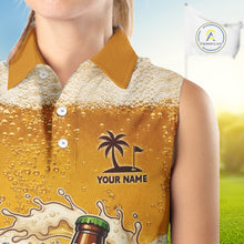 Load image into Gallery viewer, close up of funny beer bottle golfer pattern on custom sleeveless beer golf polo