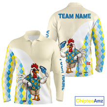 Load image into Gallery viewer, Long-sleeve shirt with funny cartoon rooster design and Team Name text on a checkered background