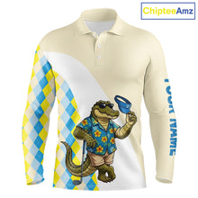 Load image into Gallery viewer, Funny alligator Hawaiian mens long sleeve golf polo shirt with argyle pattern - front view