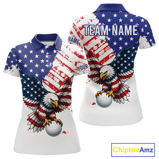 Polo shirt with American flag design and eagle holding a golf ball, 250th American anniversary