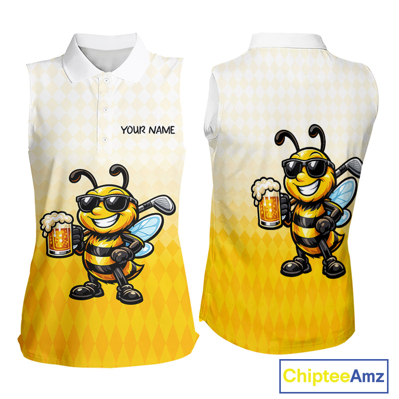 Funny Bee Sleeveless Golf Polo Shirt For Women, Cute Bee With Beer Print Shirt, Sporty Animal Golf Gift|Yellow NBT663
