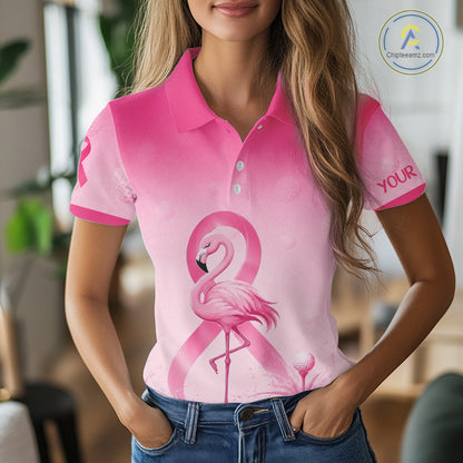 Women wearing pink cancer awareness golf polo at golf course
