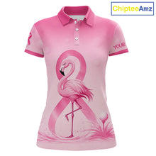 Load image into Gallery viewer, Pink breast cancer awareness golf polo shirt for women, funny flamingo design front view