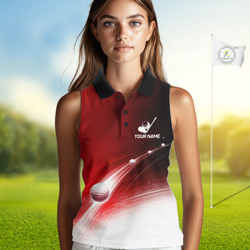 Red Ball Pattern American Flag Womens Sleeveless Tournament Golf Polo Shirts, Team Golf Shirts Golf Gifts NBT872