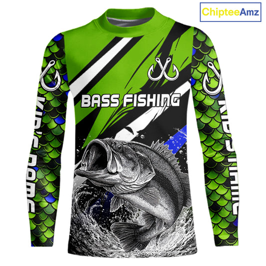 Personalized Green Fish Scale Kid Bass Fishing Jumping Jersey, Custom Performance Bass Shirt NBT346